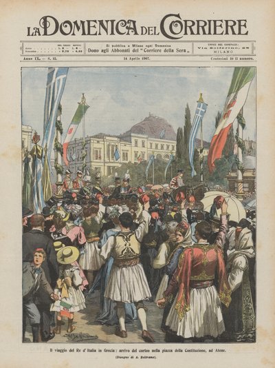 Podróż króla Włoch do Grecji, przybycie procesji na plac Konstytucji w Atenach autorstwa Achille Beltrame