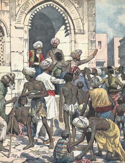 Indie. Susza powoduje epidemie. Dystrybucja żywności. Ilustrowane przez Antonio Beltrame. „La domenica del Corriere””. 26 lutego autorstwa Achille Beltrame