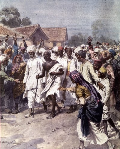 Indyjski przywódca polityczny i duchowy przewodnik Mohandas Karamchand Gandhi (1869-1948) (Mahatma) rozpoczął 12 marca 1930 solny marsz, aby uzyskać niepodległość Indii od Brytyjczyków. Ilustracja Achille Beltrame z „La domenica del Corriere” 1930 autorstwa Achille Beltrame