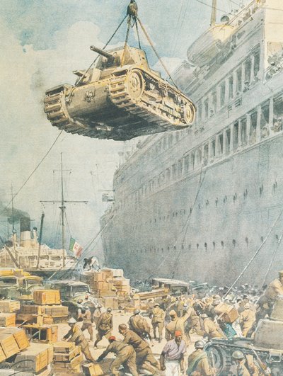 Włoski konwój docierający do miejsca przeznaczenia w Libii, Achille Beltrame, ilustracja, Ilustrator Achille Beltrame (1871-1945), z La Domenica del Corriere autorstwa Achille Beltrame