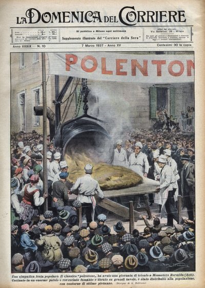 Popularny włoski festiwal: polenta geante (polentone) organizowany w miejscowości niedaleko Asti w Veneto. Ilustracja Achille Beltrame w „La Domenica del Corriere” z 07.03.1937. autorstwa Achille Beltrame
