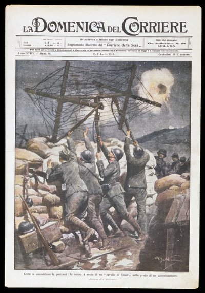 Żołnierze włoscy sadzający konia fryzyjskiego na okopie, płyta Achille Beltrame (1871-1945) dla Domeniki del Corriere, 2-9 kwietnia 1916, I wojna światowa, Włochy, XX w. autorstwa Achille Beltrame