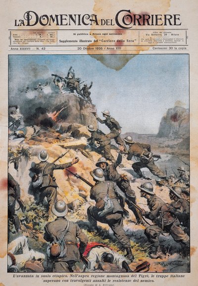 Wojska włoskie nacierające na ziemię etiopską, ilustracja z La Domenica del Corriere, 20 października autorstwa Achille Beltrame