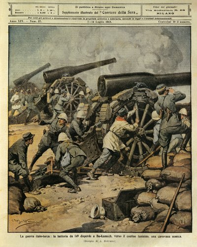 Wojna włosko-turecka, ogień baterii z działa nr 149 kierujący karawanę wroga w Bu-Kamek w kierunku granicy tunezyjskiej, ilustrator Achille Beltrame (1871-1945), z La Domenica del Corriere, 7 lipca 1912 autorstwa Achille Beltrame