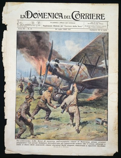Atak japońskich komandosów na chińskie lotnisko Nanchang, fot. Achille Beltrame (1871-1945) z gazety La Domenica del Corriere, 31 lipca autorstwa Achille Beltrame