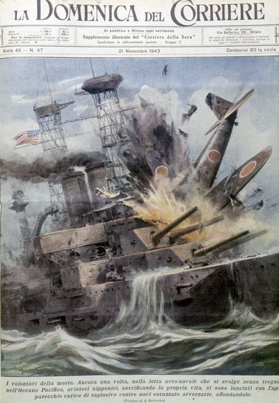 Japońscy zamachowcy-samobójcy eksplodujący na wrogich statkach – w „La Domenica del Corriere”, 21 listopada 1943 (litografia) autorstwa Achille Beltrame
