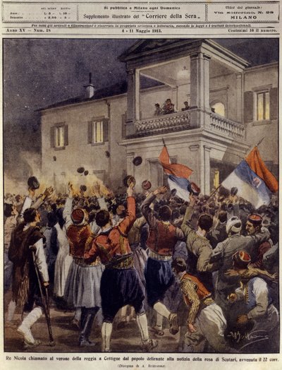 Król Mikołaj I z Czarnogóry przed tłumem w Cettigne po kapitulacji miasta Szkodra, 4 maja autorstwa Achille Beltrame