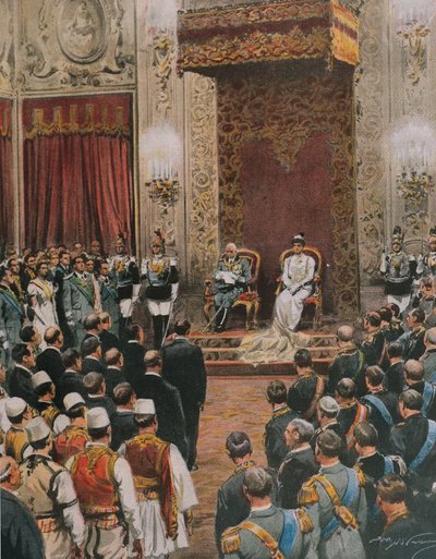 Król Włoch, Vittorio Emanuele III Sabaudzki, koronowany na króla Albańczyków, Achille Beltrame, ilustracja, Ilustrator Achille Beltrame (1871-1945), z La Domenica del Corriere autorstwa Achille Beltrame