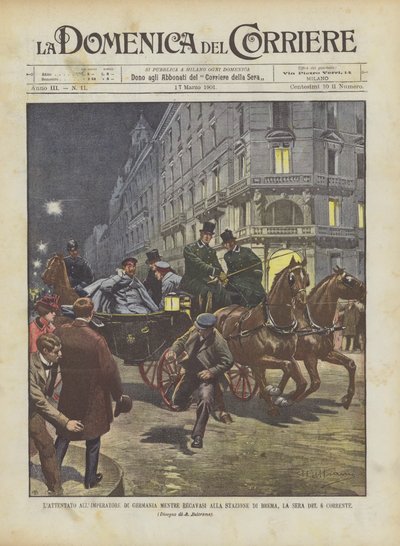 Atak na cesarza Niemiec w drodze na dworzec w Bremie wieczorem szóstego nurtu autorstwa Achille Beltrame