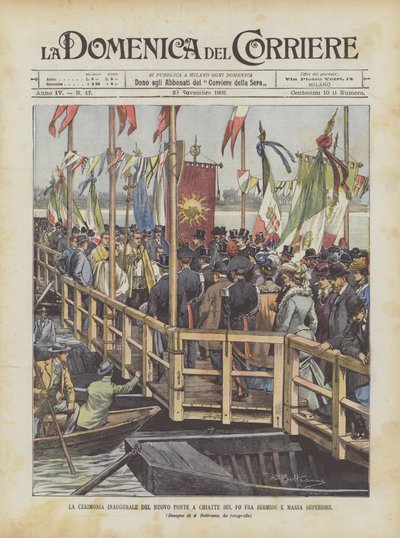 Ceremonia inauguracyjna nowego mostu barkowego nad Padem pomiędzy Sermide a Massa Superiore autorstwa Achille Beltrame