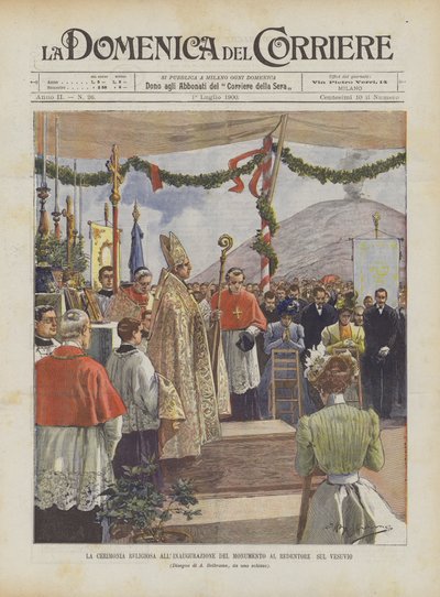Ceremonia religijna podczas inauguracji pomnika Odkupiciela na Wezuwiuszu autorstwa Achille Beltrame