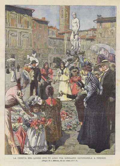 La Fiorita w miejscu spalenia Fra Girolamo Savonarola we Florencji autorstwa Achille Beltrame