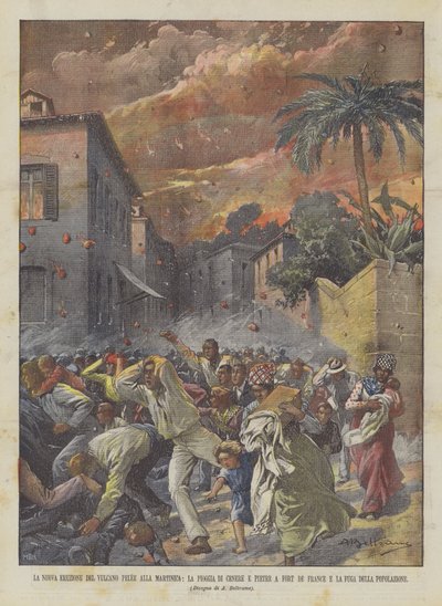 Nowa erupcja wulkanu Pelee na Martynice, deszcz popiołu i kamieni w Fort De France? autorstwa Achille Beltrame