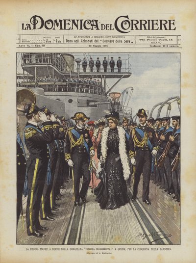 Królowa Matka na pokładzie pancernika Regina Margherita w Spezii za dostarczenie flagi autorstwa Achille Beltrame
