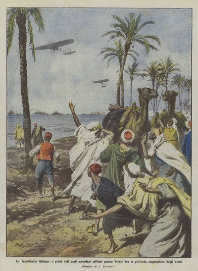 Włoska Trypolitania, pierwsze loty samolotów wojskowych w okolicach Trypolisu między głębinami? autorstwa Achille Beltrame