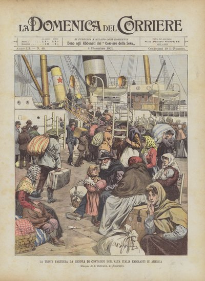 Smutny wyjazd z Genui chłopów z górnych Włoch emigrantów do Ameryki autorstwa Achille Beltrame