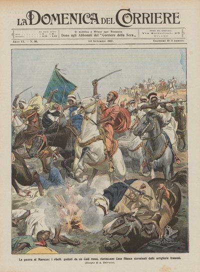 Wojna z Marokiem, rebelianci pod wodzą czerwonego Caida zawiesili eksterminowaną Casa Blanca? autorstwa Achille Beltrame