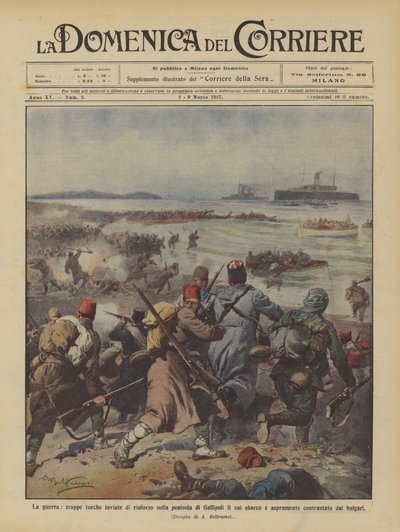 Wojna, wojska tureckie wysłane w celu wzmocnienia półwyspu Gallipoli czyje lądowanie? autorstwa Achille Beltrame