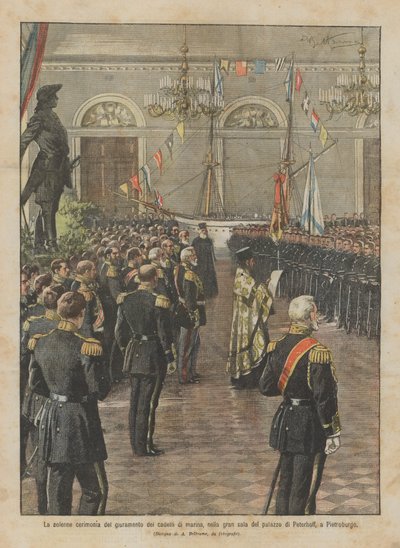 Uroczysta ceremonia ślubowania podchorążych marynarki wojennej w wielkiej sali pałacu Peterhoffa w Petersburgu autorstwa Achille Beltrame