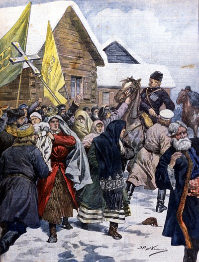 Przesądy w Rosji: policja próbuje rozproszyć sektę Nowych Chrześcijan. Ilustracja autorstwa Beltrame. Domenica del Corriere. 1901. autorstwa Achille Beltrame