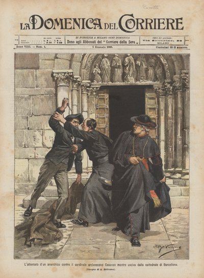 Zabójstwo anarchisty przeciwko kardynałowi arcybiskupowi Casanasowi, gdy opuszczał katedrę w Barcelonie autorstwa Achille Beltrame