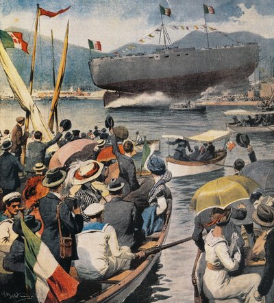 Wodowanie pancernika Andrea Doria z Arsenału w La Spezia, panel autorstwa Achille Beltrame (1871-1945), La Domenica del Corriere, 6 kwietnia autorstwa Achille Beltrame