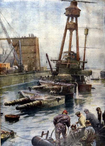 Niemiecki pancernik Hindenburg, zatopiony w Scapa Flow w Szkocji, powrócił na powierzchnię dzięki angielskiej flocie po 7 latach spędzonych na dnie oceanów. Ilustracja autorstwa Beltrame. Domenica Corriere autorstwa Achille Beltrame
