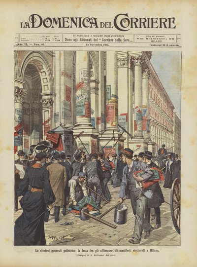 Powszechne wybory polityczne, walka między rozwieszaniem plakatów wyborczych w Mediolanie autorstwa Achille Beltrame