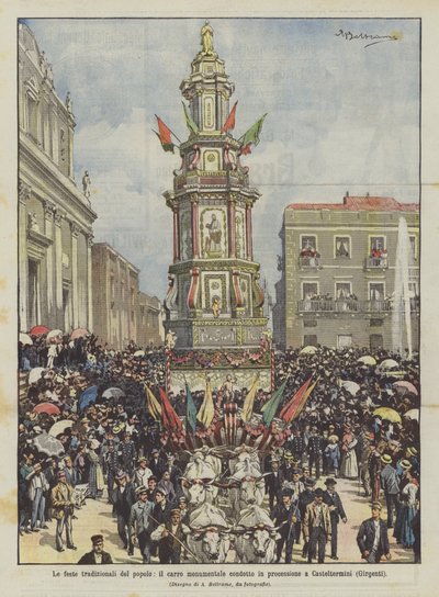Tradycyjne święta ludu, monumentalny wóz przewożony w procesji do Casteltermini (Girgenti) autorstwa Achille Beltrame