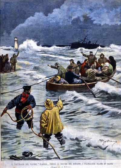 Zatonięcie parowca Planier w pobliżu Bouches du Rhône: służby ratunkowe przywiozły pasażerów. Ilustracja Beltrame. La Domenica del Corriere. 1901. autorstwa Achille Beltrame
