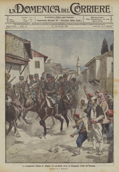 Okupacja włoska w Albanii, kawaleria wkracza do Giorgucati (Dolina Drynos) autorstwa Achille Beltrame