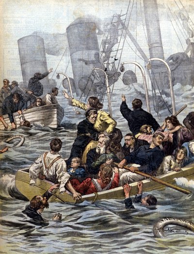 Morskie dramaty: zatonięcie liniowca Wallawalla załadowanego poszukiwaczami złota z Klondike. Ilustracja Beltrame. La Domenica del Corriere. 1902 autorstwa Achille Beltrame