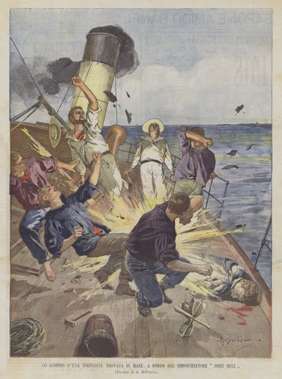 Torpeda Scoppio DUna znaleziona na morzu na pokładzie holownika John Bull autorstwa Achille Beltrame