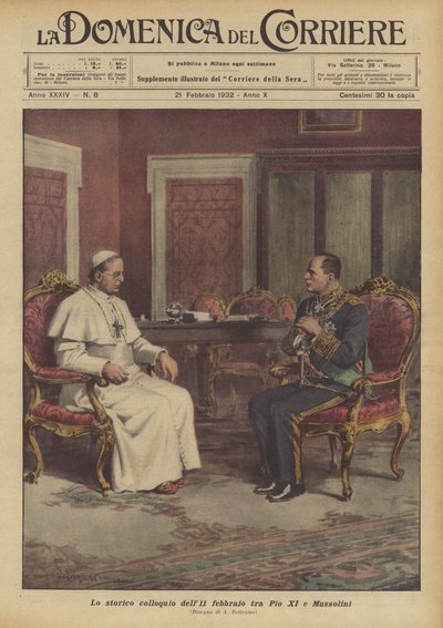 Historyczna rozmowa z 11 lutego między Piusem XI a Mussolinim autorstwa Achille Beltrame