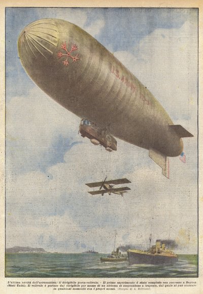 Najnowsza aeronautyka, sterowiec przewożący samoloty autorstwa Achille Beltrame
