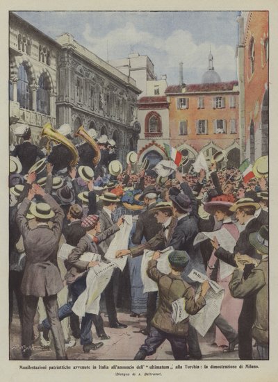 Demonstracje patriotyczne we Włoszech po ogłoszeniu ultimatum dla Turcji, demonstracja w Mediolanie autorstwa Achille Beltrame