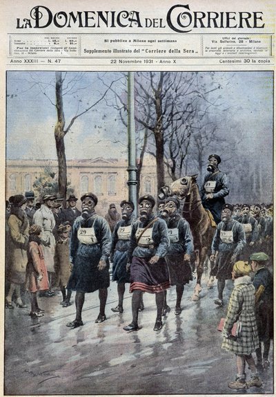 Marzec zorganizowany w Warszawie w celu ćwiczenia ludności w używaniu masek przeciwgazowych – rysunek A. Beltrame, w „”la Domenica del Corriere”” z 22.11.1931 autorstwa Achille Beltrame
