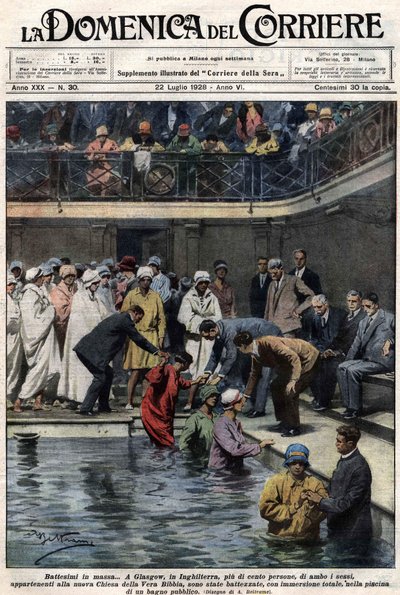 Masowe chrzty: W Glasgow w Szkocji ponad sto osób, członków nowego Kościoła Prawdziwej Biblii, zostało ochrzczonych w miejskim basenie. Ilustracja Beltrame. Domenica del Corriere. 22.07.1928. autorstwa Achille Beltrame