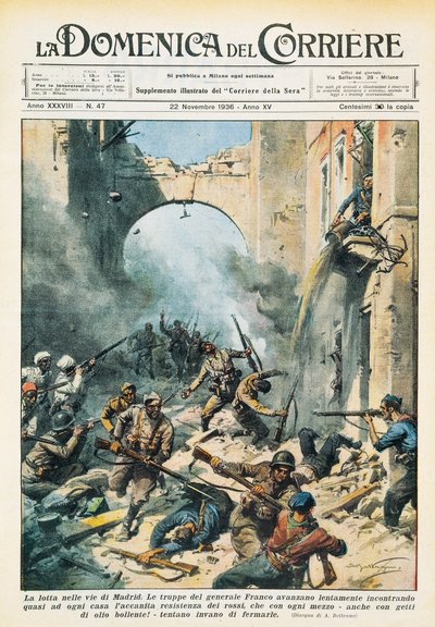 Walka wręcz na ulicach Madrytu podczas hiszpańskiej wojny domowej, Achille Beltrame (1871-1945), z La Domenica del Corriere, 22 listopada autorstwa Achille Beltrame