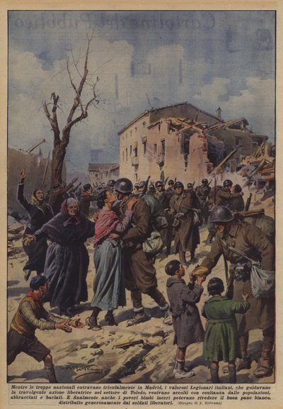 Podczas gdy wojska narodowe triumfalnie wkroczyły do ​​Madrytu, dzielni włoscy legioniści? autorstwa Achille Beltrame