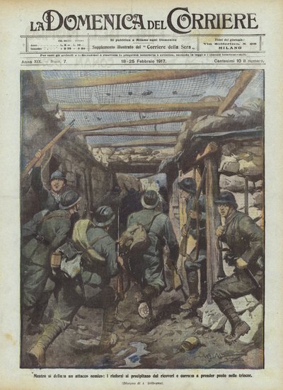 Gdy zbliża się atak wroga, posiłki wychodzą ze schronów i biegną, by zająć swoje miejsca w okopach autorstwa Achille Beltrame