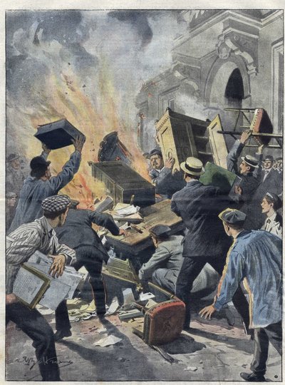 Midi winiarski kryzys w 1907 roku: winiarze podpalili ratusz w Beziers (Herault). Ilustracja przedstawiająca Achille Beltrame z 1907 roku. autorstwa Achille Beltrame