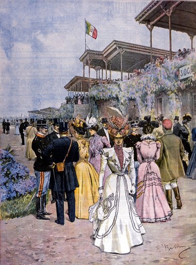 Mediolan: wyścigi konne na torze wyścigowym San Siro: wręczenie Nagrody Handlowej (Premio del commercio). Ilustracja autorstwa Beltrame. Domenica del Corriere. 1899. autorstwa Achille Beltrame