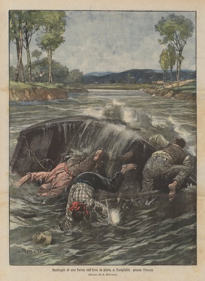 Wrak łodzi w zalanym Arno, w Compiobbi koło Florencji autorstwa Achille Beltrame
