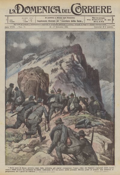W rejonie Fassa (Avisio) po zaciętej walce wojska alpejskie zajęły nierówny szczyt Cauriol? autorstwa Achille Beltrame