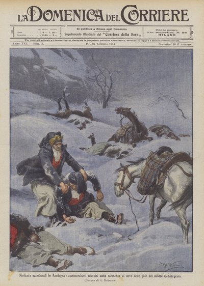 Wyjątkowe opady śniegu na Sardynii, kupcy przytłoczeni burzą śnieżną w wąwozach Mount Gennargentu autorstwa Achille Beltrame