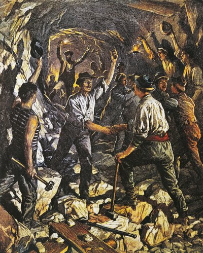 Otwarcie pierwszego odcinka tunelu kolejowego Simplon między Arona i Meina, autorstwa Achille Beltrame (1871-1945), z La Domenica del Corriere, 25 października 1903 r. autorstwa Achille Beltrame