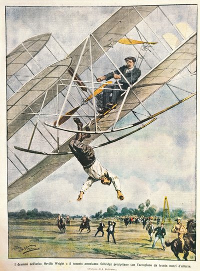 Orville Wright i porucznik Seliridge nurkują z dwupłatowca z trzydziestu metrów, Stany Zjednoczone Ameryki, ilustracja Achille Beltrame z La Domenica del Corriere, 11 października autorstwa Achille Beltrame