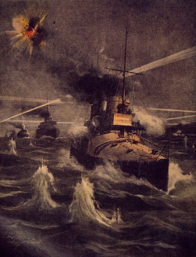 Nasze torpedowce odważnie wtargnęły do Cieśniny Dardanelskiej pod ostrzałem wroga, autorstwa Achille Beltrame (1871-1945), ilustracja z La Domenica del Corriere autorstwa Achille Beltrame