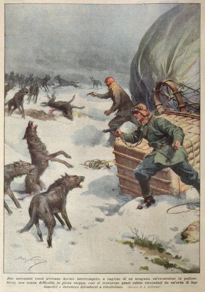 Stada wilków atakujące załogę uziemionego rosyjskiego balonu na ogrzane powietrze, ilustracja z „La Corriere della Sera” autorstwa Achille Beltrame